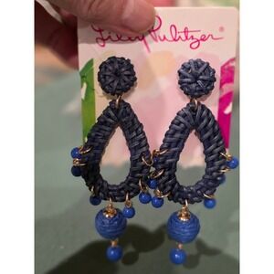 Lilly Pulitzer Navy Raffia Teardrop Dangle Earrings with Blue‎ Beads